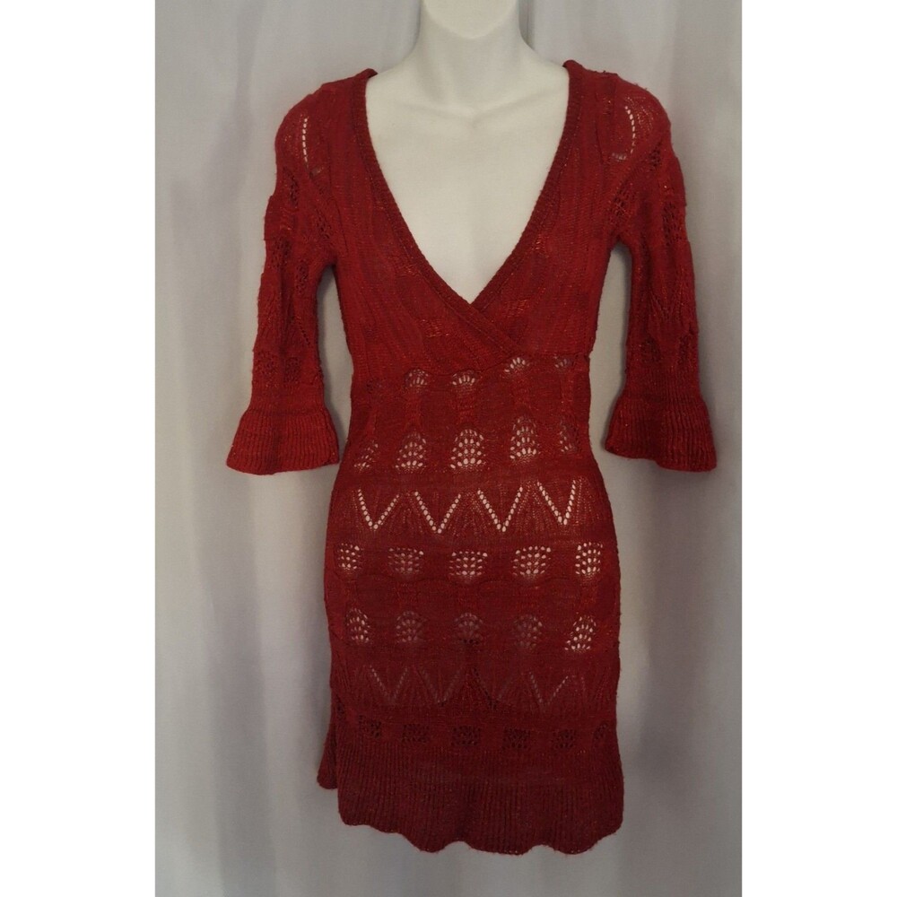 Y2K Seduction Dress Womens Red Open Crochet Knit Mini Bell Sleeve Boho S